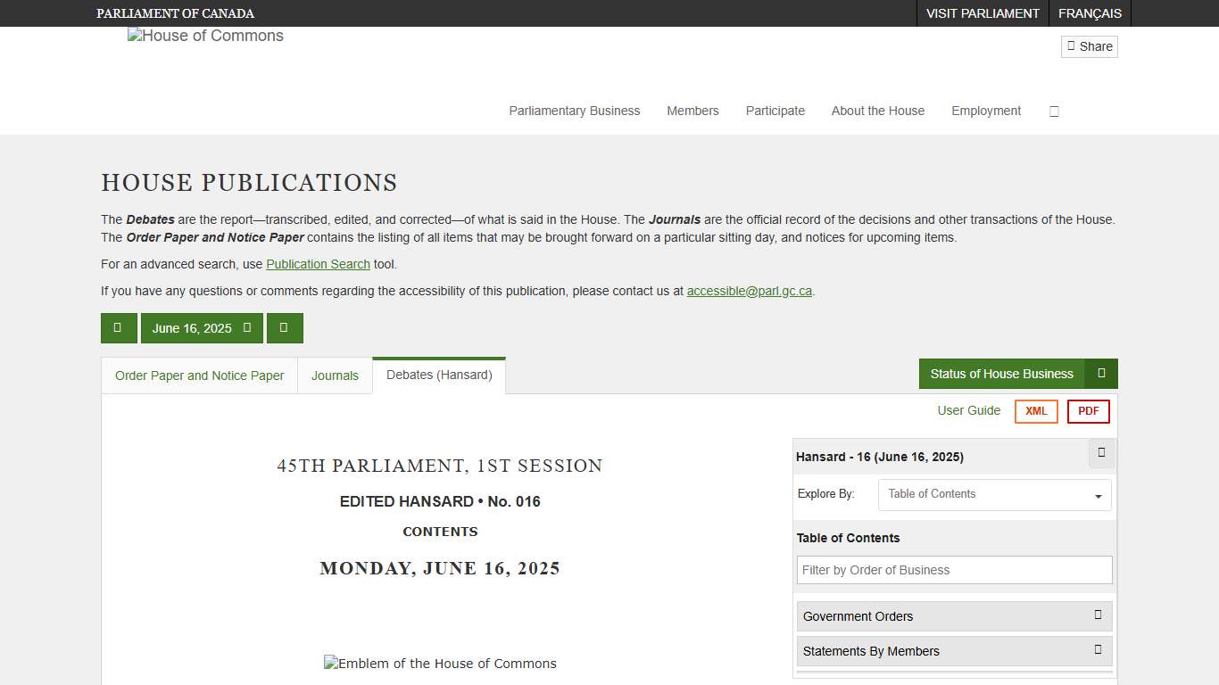 Debates (Hansard) No. 16 - June 16, 2025 (45-1) - House of Commons of Canada